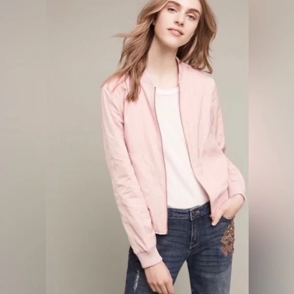 Anthropologie HEI HEI Journey Bomber Satin Jacket Blush Pink Women’s Size Small - Picture 6 of 11